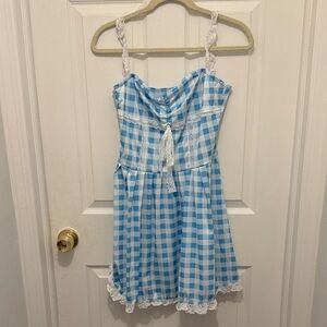 Blue and White Checkered teen Dress with Lace Trim